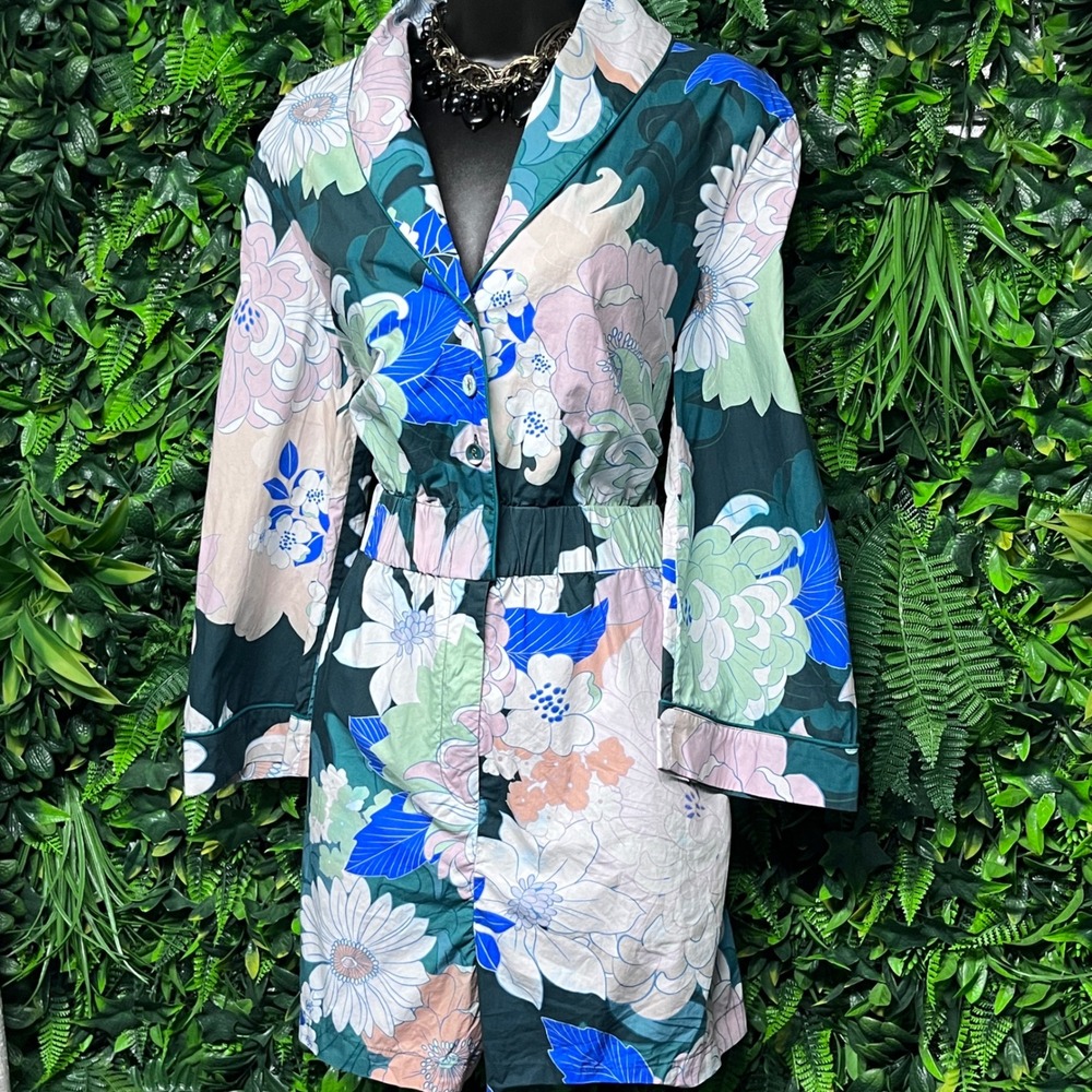 Cara Cara Romper Small Blue Pink Green Floral Cotton Poplin Long Sleeve 3867